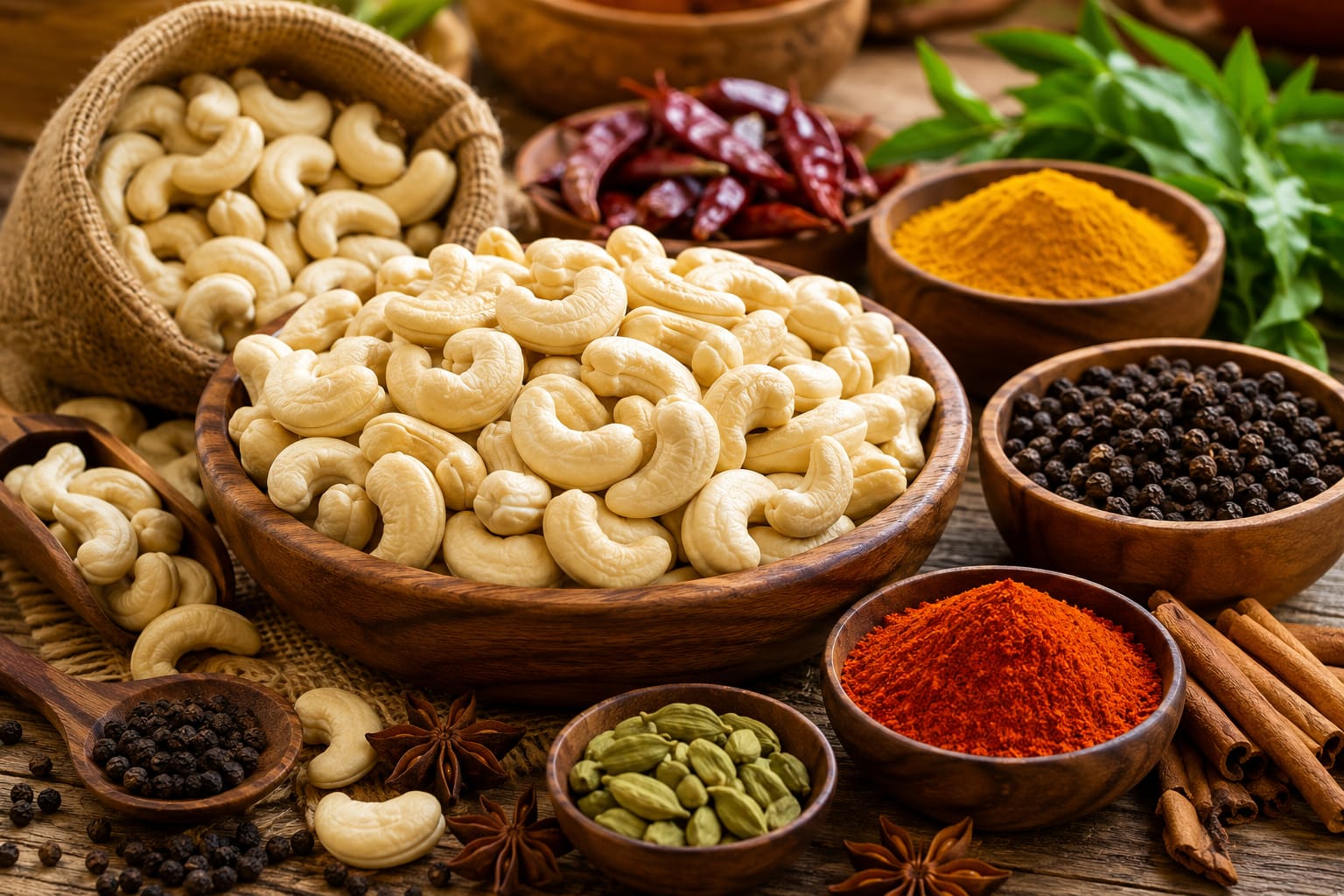 Export Quality Cashew nuts (W240,W320 etc) and Authentic Indian spices available